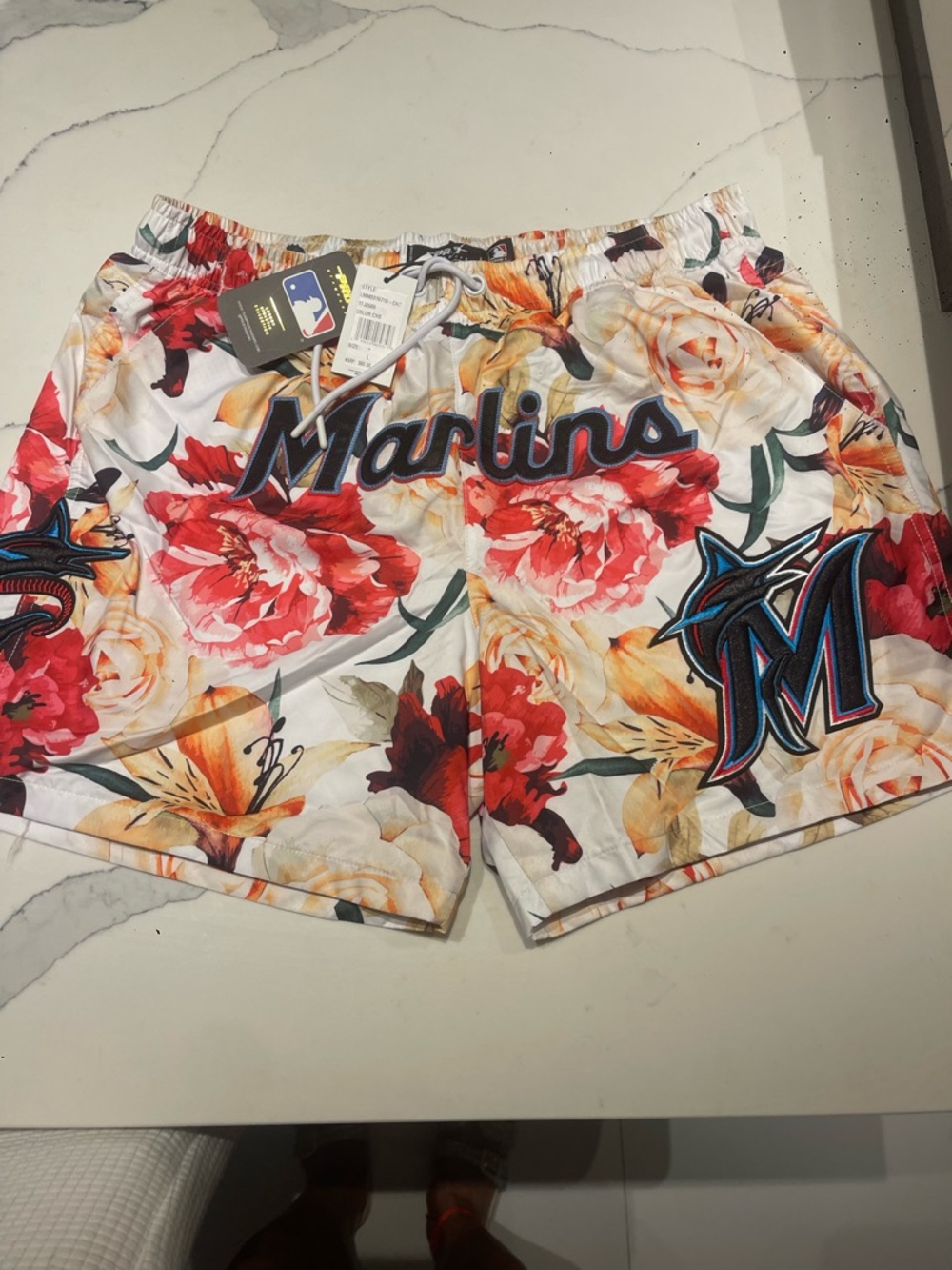 Miami Marlins Women’s Floral Athletic Shorts - White with Red & Yellow Flowers